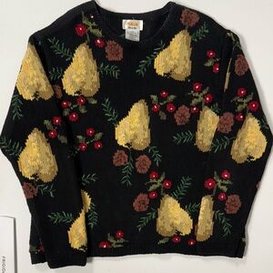 Vtg Talbots Hand Knit Linen Cotton Sweater Pear Pinecones Nature Holiday Women M